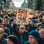Crowd of people in a street protest, holding a large cardboard sign with red and black writing that is not legible from a distance.