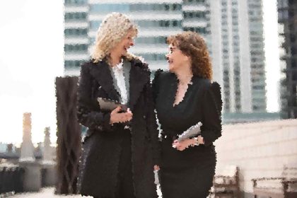 Two women in black outfits laughing and talking outside a modern glass building outside a city office.