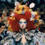 A person wearing an oversized, bright red and yellow wig with blue eye makeup and a floral-patterned outfit, standing in a crowded scene.