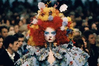 A person wearing an oversized, bright red and yellow wig with blue eye makeup and a floral-patterned outfit, standing in a crowded scene.