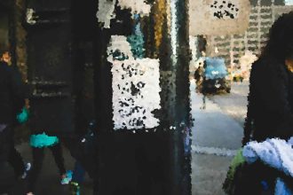 Abstract, pixelated urban street scene suggesting storefronts and pedestrians with colorful lights and dark shadows.