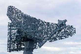 Large radio antenna (satellite dish) structure extending into a cloudy sky, viewed from the side.