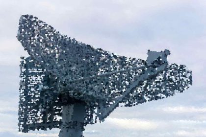 Large radio antenna (satellite dish) structure extending into a cloudy sky, viewed from the side.
