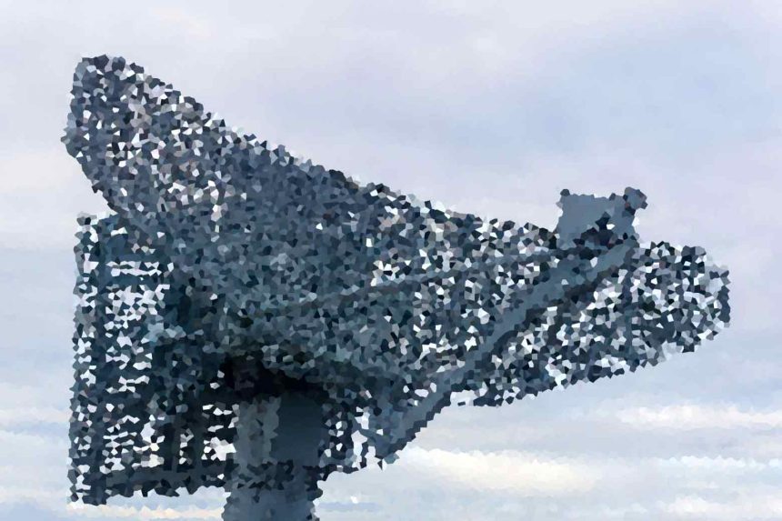 Large radio antenna (satellite dish) structure extending into a cloudy sky, viewed from the side.
