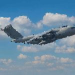 Stylized, polygonal mosaic silhouette of an airplane flying through a blue sky with fluffy white clouds.