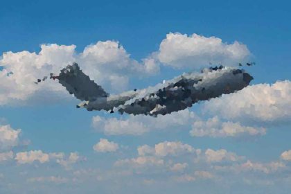 Stylized, polygonal mosaic silhouette of an airplane flying through a blue sky with fluffy white clouds.