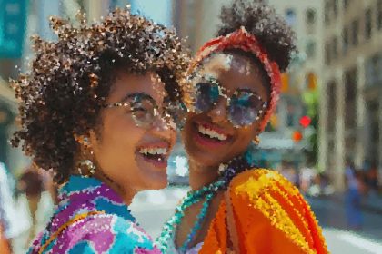 Two women smiling and posing together on a city street, wearing bright, colorful outfits and accessories.