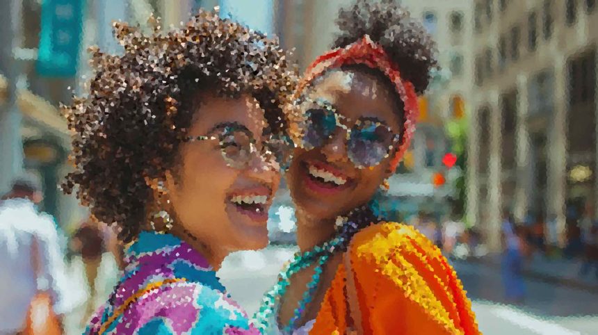 Two women smiling and posing together on a city street, wearing bright, colorful outfits and accessories.