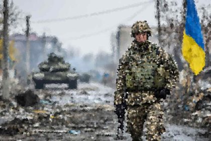 Soldier in camouflage standing amid a ruined urban street with debris and smoke, Ukrainian flag visible nearby