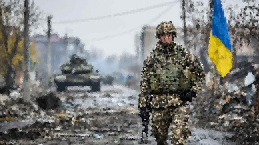 Soldier in camouflage standing amid a ruined urban street with debris and smoke, Ukrainian flag visible nearby