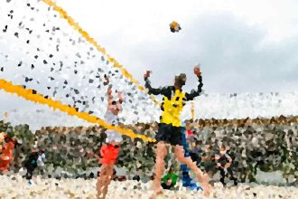 Runner in a yellow vest raises arms in triumph as confetti flies at the finish line in a crowded race scene.