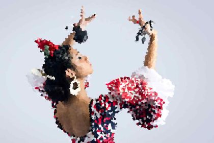 Flamenco dancer in a colorful dress with red flowers in hair, arms raised mid-dance.