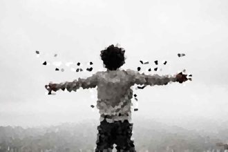 Person standing on a hilltop with arms outstretched, seen from behind in a grayscale low-poly style.