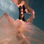 Abstract underwater scene of a person seen from below, with bubbles rising and a teal water background.