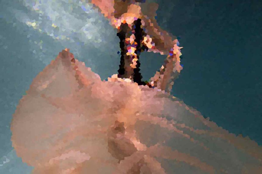 Abstract underwater scene of a person seen from below, with bubbles rising and a teal water background.
