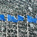 Abstract mosaic with a bright blue irregular band across a gray speckled background.