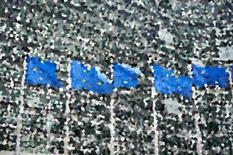 Abstract mosaic with a bright blue irregular band across a gray speckled background.