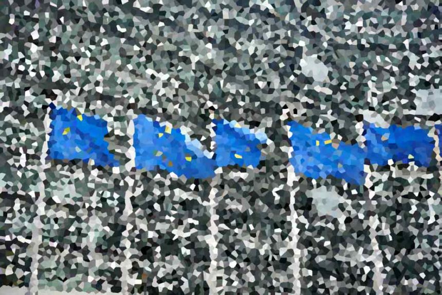 Abstract mosaic with a bright blue irregular band across a gray speckled background.