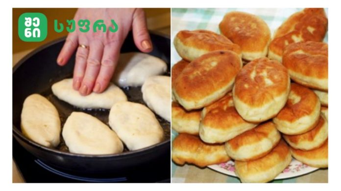 Left pane shows dough patties frying in a pan with a hand guiding them; right pane a plate piled with golden fried buns; green logo with Georgian script in top-left.