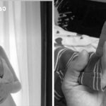 Two-panel black-and-white image: on the left, a pregnant woman standing by a window, touching her belly; on the right, a tiny baby foot cradled in an adult hand.