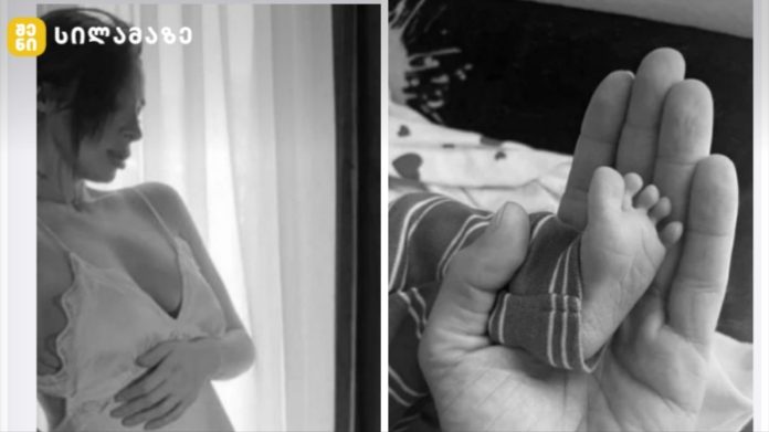 Two-panel black-and-white image: on the left, a pregnant woman standing by a window, touching her belly; on the right, a tiny baby foot cradled in an adult hand.