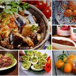 Collage of Georgian dishes: a rustic bowl of eggplant and vegetable stew with herbs, tomatoes, and parsley on the side (top left).