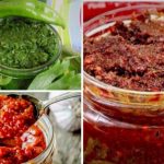 Collage of three jars of sauces: bright green herb pesto with garlic and peppers, chunky red tomato/pepper paste, and a jar of dark red chili paste.