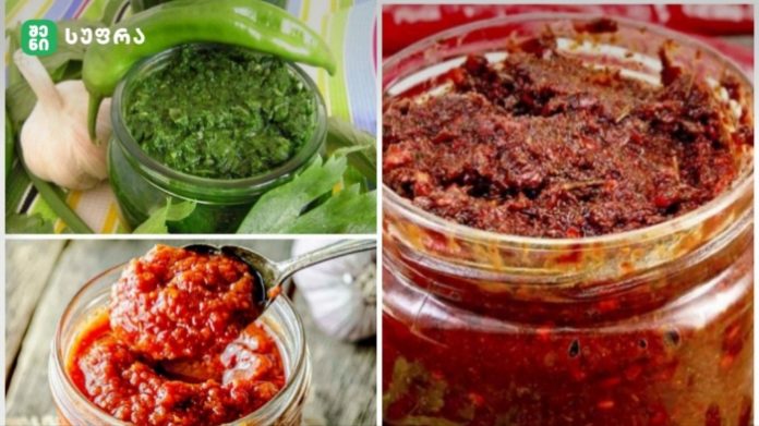 Collage of three jars of sauces: bright green herb pesto with garlic and peppers, chunky red tomato/pepper paste, and a jar of dark red chili paste.