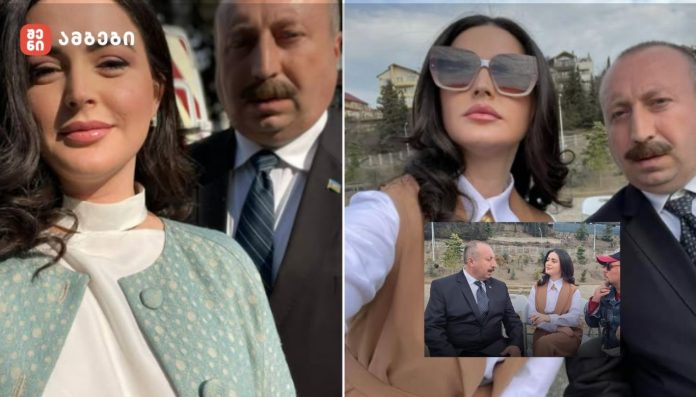 Collage of a smiling woman in a light blue coat taking a selfie with a suited man behind her, logo visible in top left.