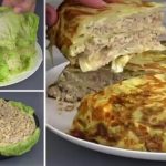 Collage showing lettuce-wrapped dish being prepared: left panels have hands slicing lettuce, spreading filling, and spooning crumbled topping into a lettuce leaf; right panel shows a stacked omelette or savory pancake on a white plate.