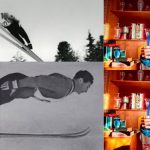 Collage with a ski jumper mid-air on the left and an elderly man in a blue jacket holding a 'Спорт' magazine amid trophy shelves on the right.