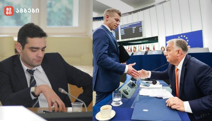 Split image: left, a man in a dark suit sits at a table reviewing documents; right, two officials in suits shake hands across a conference desk with EU backdrop.