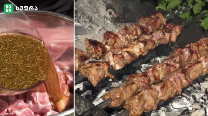Left: meat being basted with a herb marinade as it sits in a bowl; Right: skewered meat grilling over glowing charcoal