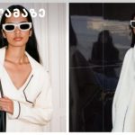 Split-screen collage of two models in white outfits wearing white sunglasses; left model carries a black handbag, right model wears a white cape and scarf.