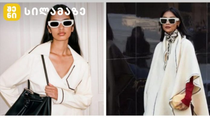 Split-screen collage of two models in white outfits wearing white sunglasses; left model carries a black handbag, right model wears a white cape and scarf.