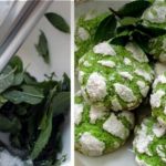 Left panel shows fresh herbs on a white surface next to a metal utensil, right panel features green pistachio cookies generously dusted with powdered sugar.