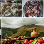 Collage of Georgian dishes (pizza, dumplings, skewers, stuffed bread) with a scenic mountain landscape and a spread of food in the foreground; logo in the top-left corner.