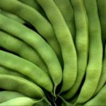 Close-up of fresh green beans stacked in a dense arrangement, with a small red logo in the top-left corner.