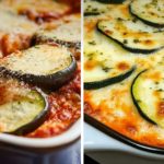 Split image of two cheesy baked dishes: left shows eggplant parmesan in tomato sauce with melted cheese; right shows zucchini cheese bake with herbs.
