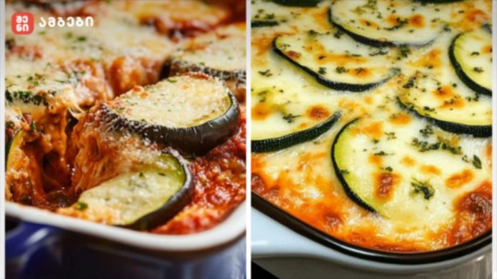 Split image of two cheesy baked dishes: left shows eggplant parmesan in tomato sauce with melted cheese; right shows zucchini cheese bake with herbs.