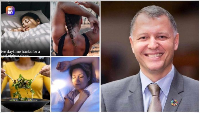 Collage: four left images of people resting, stretching, and eating healthy; right image shows a smiling man in a suit with a circular SDG pin