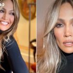 Side-by-side photos of a smiling woman with long blonde hair wearing a black turtleneck in a well-lit setting.