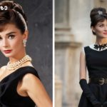 Pair of vintage-style portraits: left a close-up of a woman in a black dress with a pearl necklace and updo; right a full-body view in a black dress with white collar, gloves, and belt on a street.