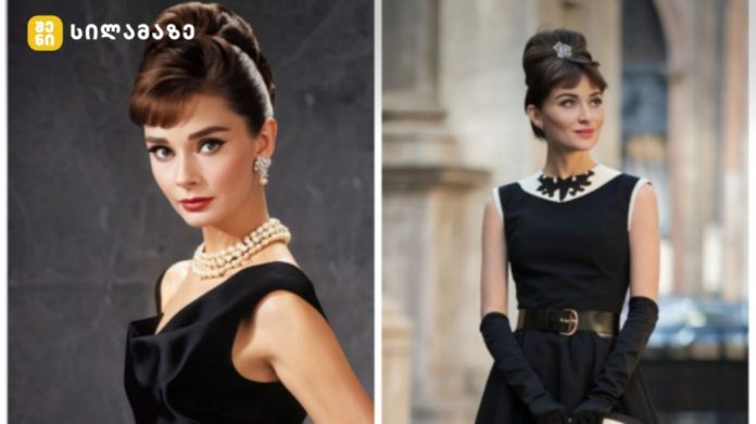 Pair of vintage-style portraits: left a close-up of a woman in a black dress with a pearl necklace and updo; right a full-body view in a black dress with white collar, gloves, and belt on a street.