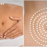 Abdomen with hands forming a heart shape over the stomach, suggesting abdominal health or care (left). On the right, a dotted spiral around the navel indicates abdominal pain or digestion.