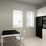 Modern white kitchen with black dining table and four white chairs, built-in oven, and two windows.