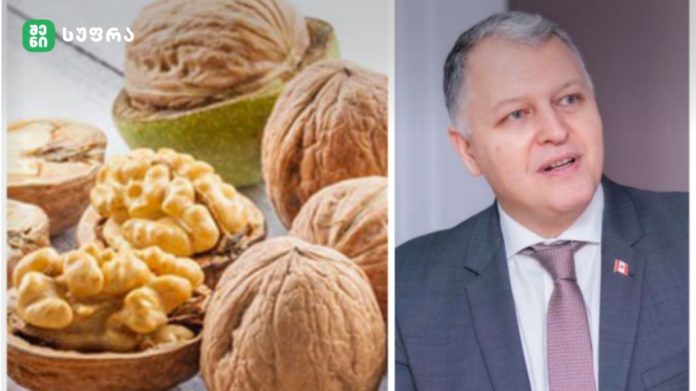Split image: left side shows walnuts in bowls; right side shows a man in a suit with a small flag pin, speaking or posing.