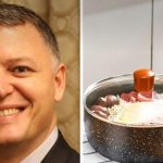 Left: smiling man in a suit (likely TV host), right: saucepan on stove with water, eggs and vegetables simmering