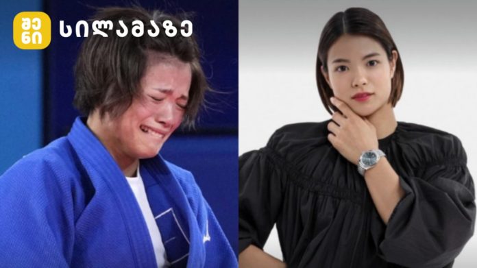 Split image: left shows a man in a blue judo gi crying, right shows a woman in a black blouse with a silver watch posing with her hand near her chin.