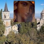 Stone church with two towers rising above a dense forest on a hillside under a blue sky; a translucent portrait overlays the center.